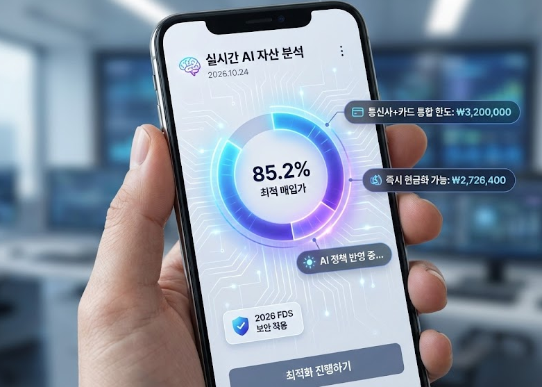 스마트폰 화면에 실시간 AI 자산 분석 결과와 최적 매입가 85.2%가 표시된 금융 서비스 신청 화면 이미지