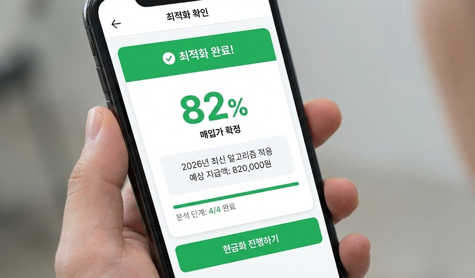 손에 들린 스마트폰 화면에 소액결제 현금화 최적화 결과가 표시되어 있으며, 82% 매입가 확정과 예상 지급 금액이 안내된 금융 서비스 신청 화면 이미지