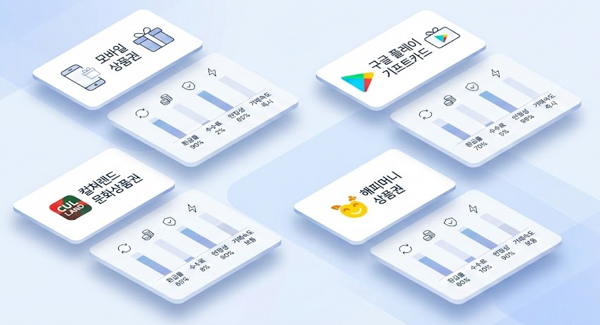 모바일 상품권, 문화상품권, 구글 플레이 기프트카드, 해피머니 상품권을 카드형 인포그래픽으로 표현한 3D 스타일 그래픽