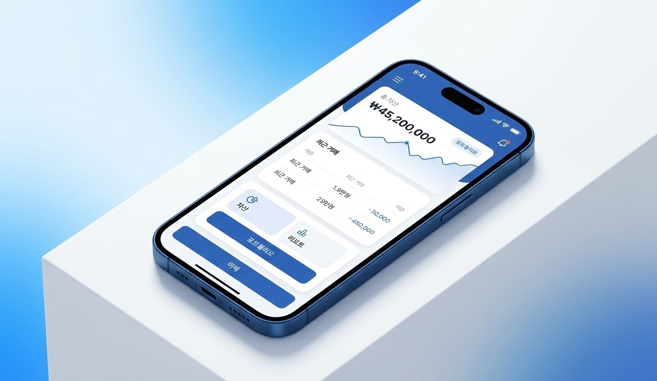 블루 컬러 금융 앱 화면이 표시된 스마트폰 3D 목업 이미지