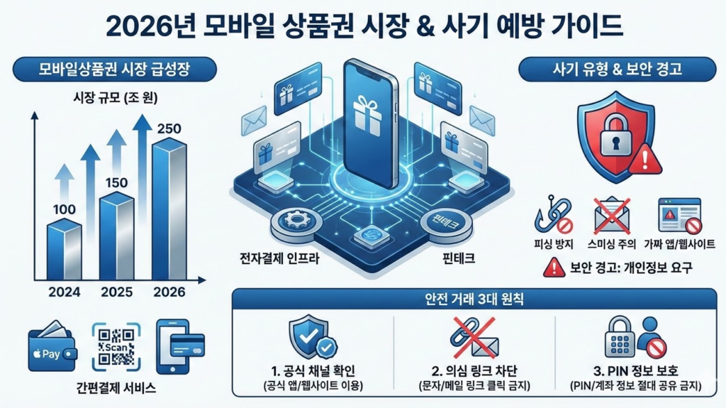 2026년 모바일 상품권 시장 성장과 사기 예방 수칙을 한눈에 보여주는 인포그래픽