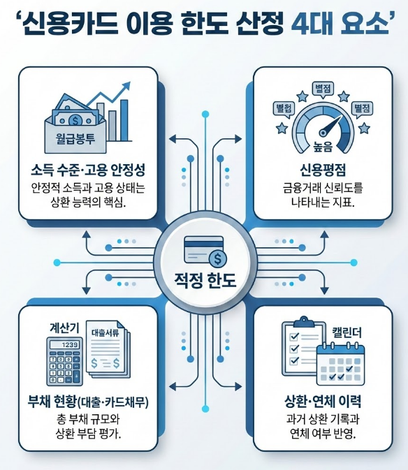 신용카드 이용 한도 산정 4대 요소: 소득·고용 안정성, 신용평점, 부채 현황(대출·카드채무), 상환·연체 이력. 중앙에 적정 한도 표시.