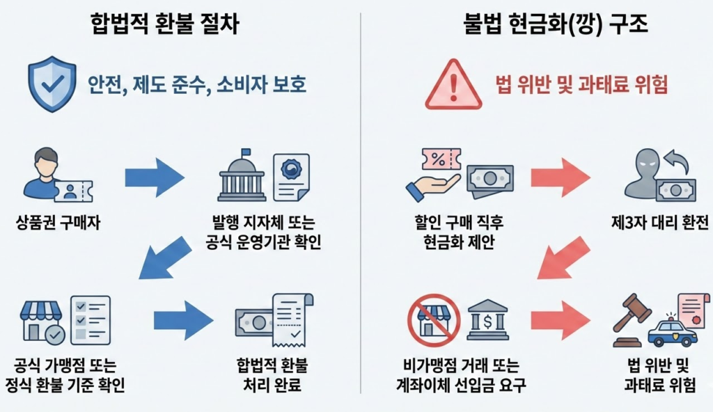 왼쪽에는 합법적 환불 절차, 오른쪽에는 불법 현금화 구조를 대비해 보여주는 비교 인포그래픽