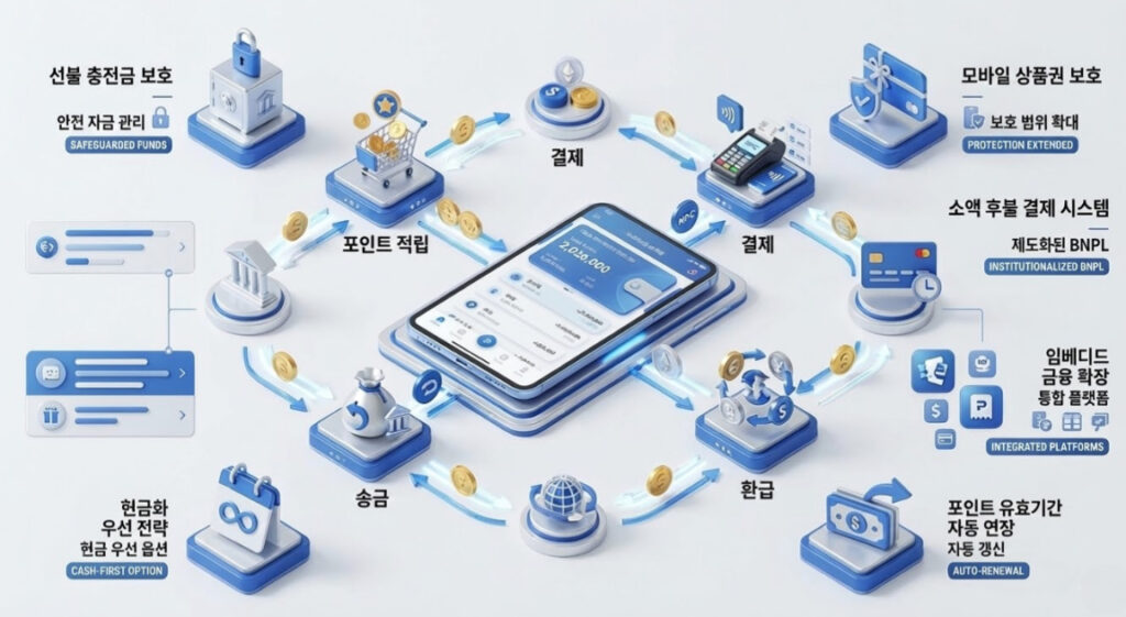 2026년 핀테크 시장의 포인트 순환 구조를 3D 아이소메트릭 스타일로 시각화한 인포그래픽