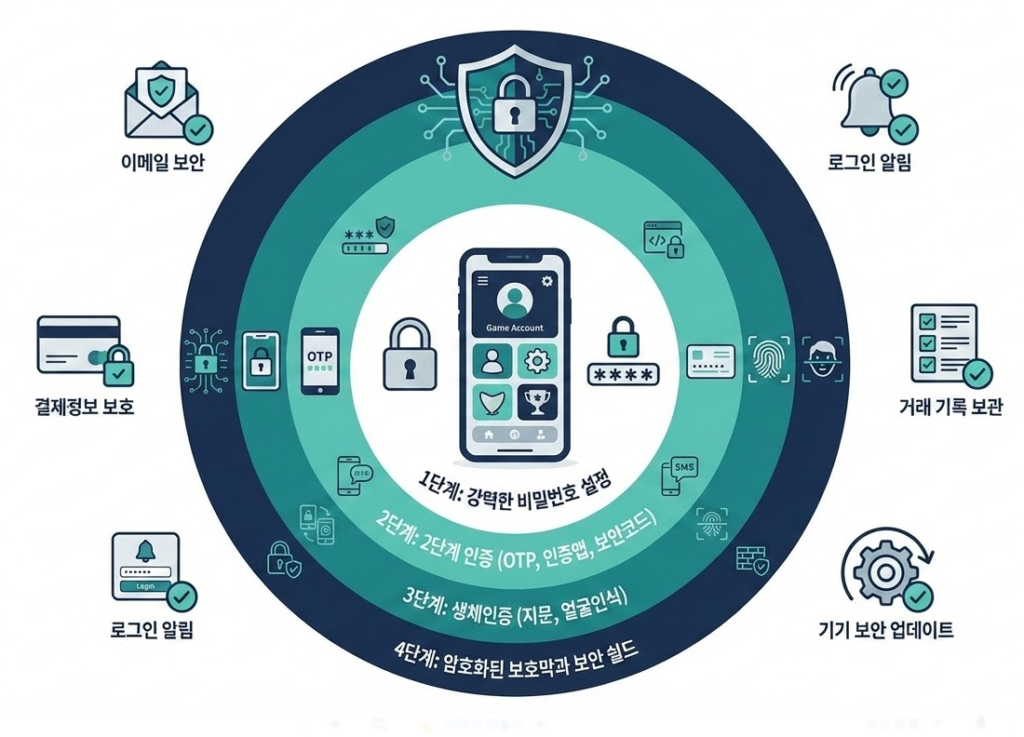 강력한 비밀번호, 2단계 인증, 생체인증, 암호화 보호와 이메일 보안, 로그인 알림, 결제정보 보호를 포함한 게임 계정 보안 수칙 인포그래픽