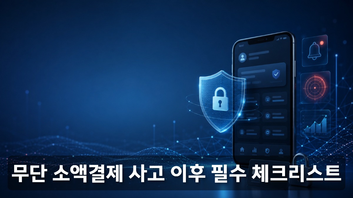 무단 소액결제 피해 예방을 상징하는 스마트폰, 보안 방패, 자물쇠, 결제카드 이미지