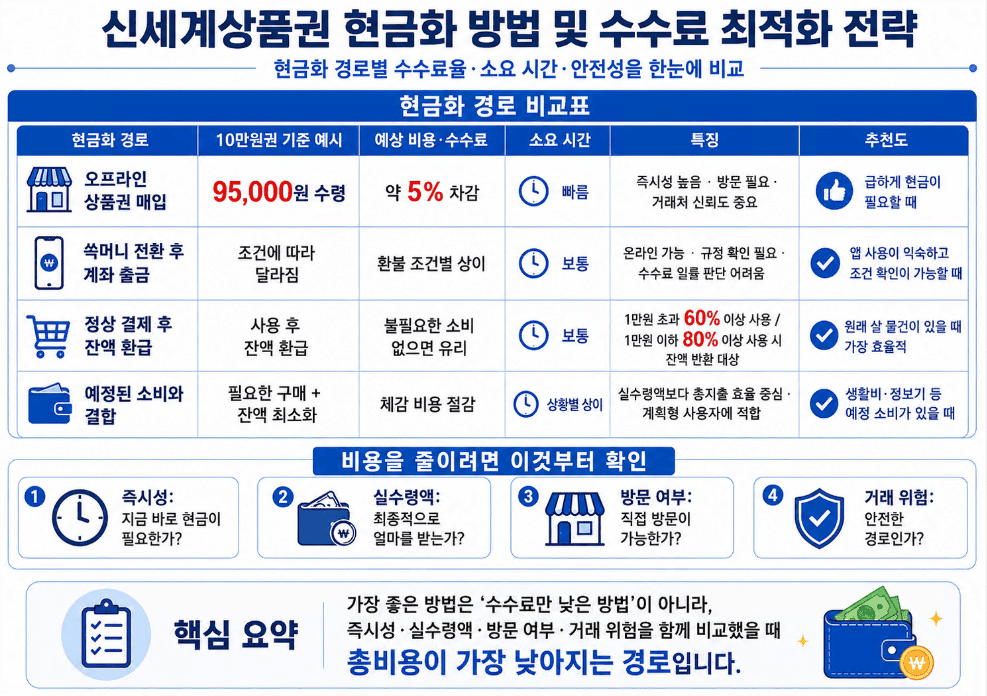 신세계상품권 현금화 경로별 수수료와 소요 시간 비교표