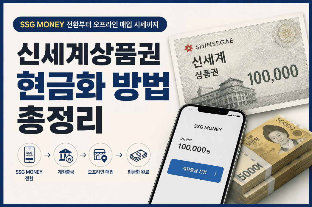 신세계상품권 현금화 방법과 SSG MONEY 전환, 계좌출금, 오프라인 매입을 표현한 안내 이미지